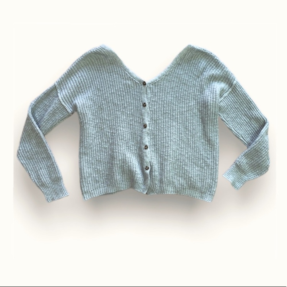 HIPPIE ROSE - Oversized Blue Knit Cable Button Down Sweater